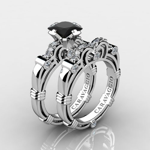 Art Masters Caravaggio 14K White Gold 1.25 Ct Princess Black and White Diamond Engagement Ring Wedding Band Set R623PS-14KWGDBD