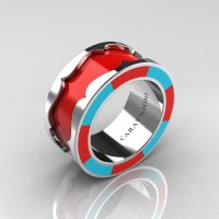 Caravaggio 14K White Gold Red and Turquoise Blue Italian Enamel Wedding Band Ring R618F-14KWGTBREN