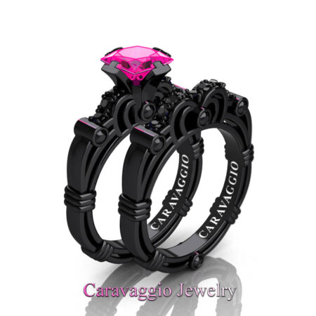 Art Masters Caravaggio 14K Black Gold 1.25 Ct Princess Pink Sapphire Black Diamond Engagement Ring Wedding Band Set R623PS-14KBGBPS