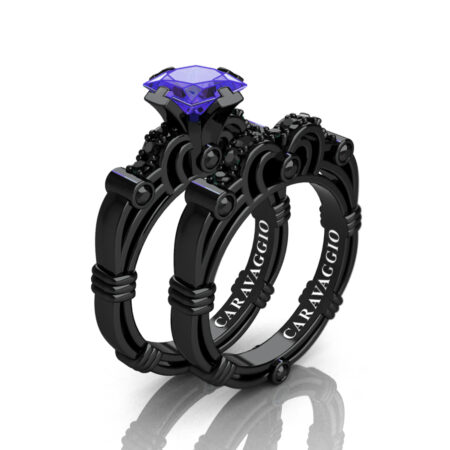 Art Masters Caravaggio 14K Black Gold 1.25 Ct Princess Tanzanite Black Diamond Engagement Ring Wedding Band Set R623PS-14KBGBDT