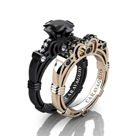 Caravagio-14K-Black-and-Rose-Gold-1-25-Carat-Princess-Black-and-White-Diamond-Engagement-Ring-Wedding-Band-Set-R623PS-14KBRGDBD-P