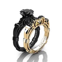 Caravaggio 14K Black and Yellow Gold 1.25 Ct Princess Black and White Diamond Engagement Ring Wedding Band Set R623PS3-14KBYGDBD