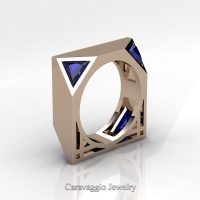 Mens Avant Garde 14K Rose Gold 1.0 Ct Triangle Royal Blue Sapphire Wedding Ring R349M2-14KRGBS