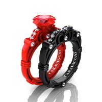 London Exclusive Caravaggio 14K Red and Black Gold 1.25 Ct Princess Rose Ruby Diamond Engagement Ring Wedding Band Set R623PS-14KREBGDRR