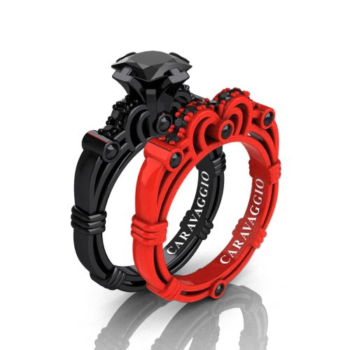 London Exclusive Caravaggio 14K Black and Red Gold 1.25 Ct Princess Black Diamond Engagement Ring Wedding Band Set R623PS-14KBREGBD