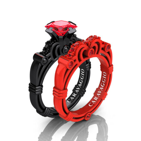 Caravagio-London-14K-Black-and-Red-Gold-1-25-Carat-Princess-Ruby-Black-Diamond-Engagement-Ring-Wedding-Band-Set-R623PS2-14KBREGBDR-P