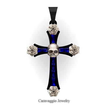 Caravaggio-Bridal-14K-Black-Rose-Gold-Baguette-Blue-Sapphire-Roses-Skull-on-Cross-Pendant-Wedding-Jewelry-C487S-14KBRGBS-T