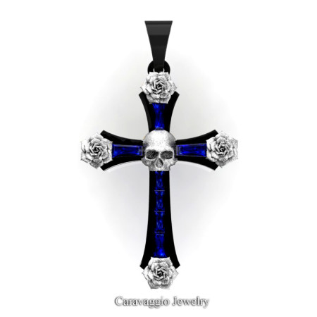 Caravaggio-Bridal-14K-Black-White-Gold-Baguette-Blue-Sapphire-Roses-Skull-on-Cross-Pendant-Wedding-Jewelry-C487S-14KBWGBS-T