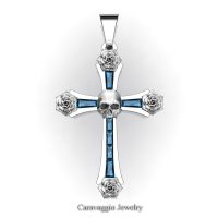 Caravaggio Bridal 14K White Gold Baguette London Blue Sapphire Rose Skull and Cross Pendant Wedding Jewelry C487S-14KWGLBS