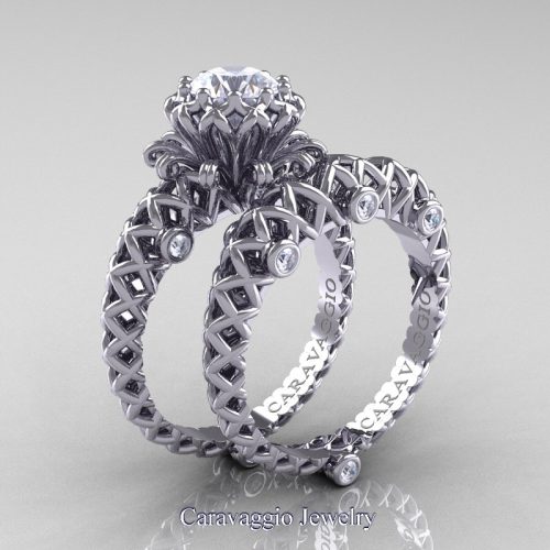 Caravaggio Lace 14K White Gold 1.0 Ct White Sapphire Diamond Engagement Ring Wedding Band Set R634S-14KWGDWS