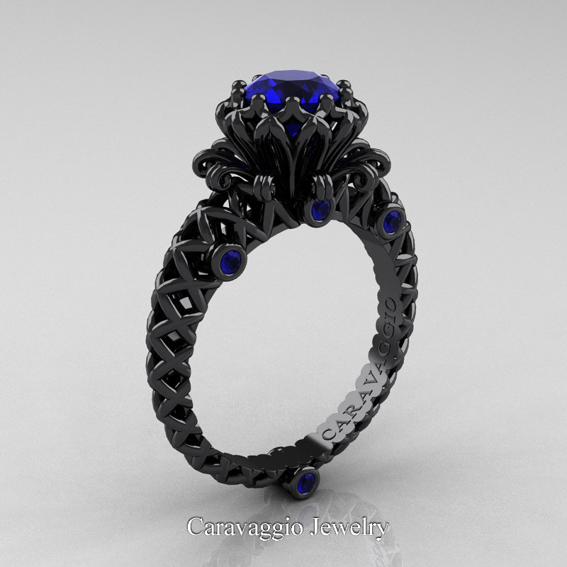 Men’s 14K Black Gold Over Blue Sapphire Pinky Engagement Wedding Band Ring 1 Ct 