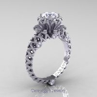 Caravaggio Lace 14K White Gold 1.0 Ct White Sapphire Diamond Engagement Ring R634-14KWGDWS