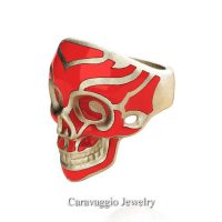 Mens Modern Italian 14K Yellow Gold Red Enamel Skull Ring R635-14KYGSRE