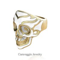 Mens Modern Italian 14K Yellow Gold White Enamel Skull Ring R635-14KYGSWE