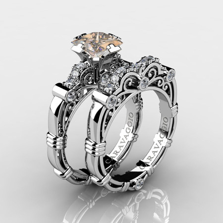 Art-Masters-Caravaggio-14K-White-Gold-1-25-Carat-Princess-Champagne-and-White-Diamond-Engagement-Ring-Wedding-Band-Set-R623PS-14KWGDCHD-P