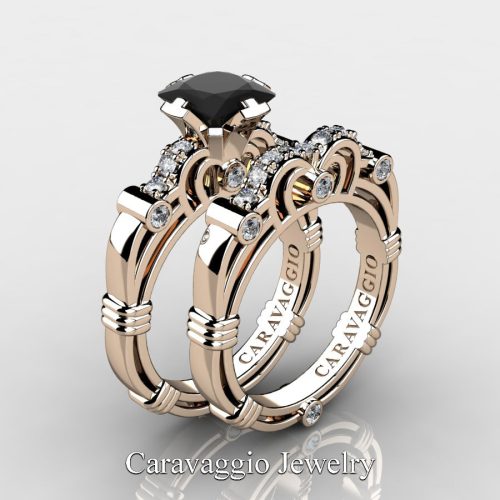 Art Masters Caravaggio 14K Rose Gold 1.25 Ct Princess Black and White Diamond Engagement Ring Wedding Band Set R623PS-14KRGDBD