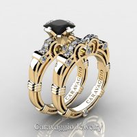 Art Masters Caravaggio 14K Yellow Gold 1.25 Ct Princess Black and White Diamond Engagement Ring Wedding Band Set R623PS-14KYGDBD