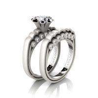 Caravaggio Classic 14K Matte White Gold 1.0 Ct White Sapphire Diamond Engagement Ring Wedding Band Set R637S-14KMWGDWS
