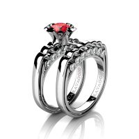 Caravaggio Classic 14K White Gold 1.0 Ct Fire Ruby Diamond Engagement Ring Wedding Band Set R637S-14KWGDFR