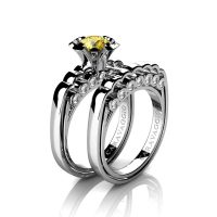 Caravaggio Classic 14K White Gold 1.0 Ct Yellow Sapphire Diamond Engagement Ring Wedding Band Set R637S-14KWGDYS