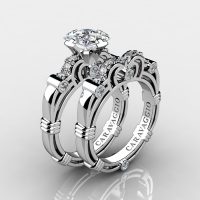 Art Masters Caravaggio 950 Platinum 1.25 Ct Princess White Sapphire Diamond Engagement Ring Wedding Band Set R623PS-PLATDWS
