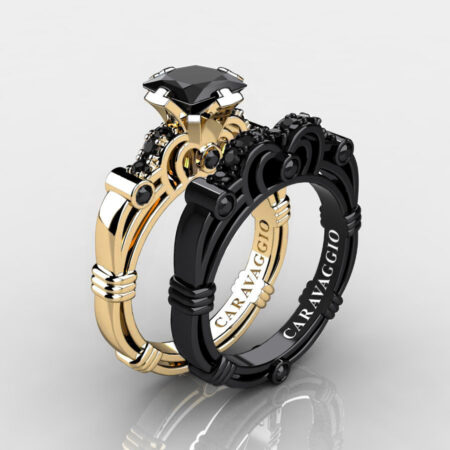 Caravagio-14K-Yellow-and-Black-Gold-1-25-Carat-Princess-Black-Diamond-Engagement-Ring-Wedding-Band-Set-R623PS-14KYBGBD-P