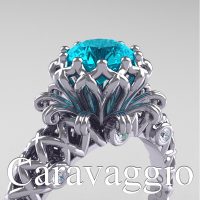 Caravaggio Lace 14K White Gold 1.0 Ct Blue and White Diamond Engagement Ring R634-14KWGDBLD