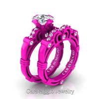 London Exclusive Caravaggio 14K Fuchsia Pink Gold 1.25 Ct Princess White Sapphire Diamond Engagement Ring Wedding Band Set R623PS-14KFPGDWS