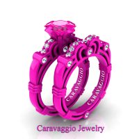 London Exclusive Caravaggio 14K Fuchsia Pink Gold 1.25 Ct Princess Pink Sapphire Diamond Engagement Ring Wedding Band Set R623PS-14KFPGDPS