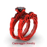 London Exclusive Caravaggio 14K Red Gold 1.25 Ct Princess Black Diamond Engagement Ring Wedding Band Set R623PS-14KREGBD