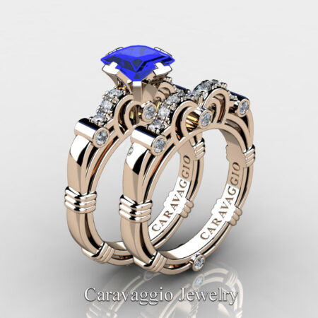 Art Masters Caravaggio 14K Rose Gold 1.25 Ct Princess Blue Sapphire Diamond Engagement Ring Wedding Band Set R623PS-14KRGDBS