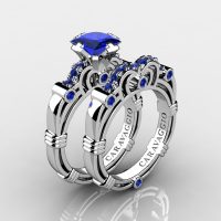 Art Masters Caravaggio 14K White Gold 1.25 Ct Princess Blue Sapphire Engagement Ring Wedding Band Set R623PS-14KWGBS