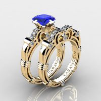 Art Masters Caravaggio 14K Yellow Gold 1.25 Ct Princess Blue Sapphire Diamond Engagement Ring Wedding Band Set R623PS-14KYGDBS