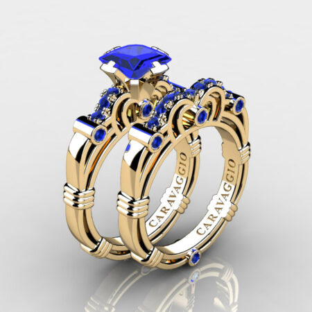 Art Masters Caravaggio 14K Yellow Gold 1.25 Ct Princess Blue Sapphire Engagement Ring Wedding Band Set R623PS-14KYGBS