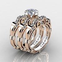 Art Masters Caravaggio Trio 14K Rose Gold 1.25 Ct Princess White Sapphire Diamond Engagement Ring Wedding Band Set R623PS3-14KRGDWS