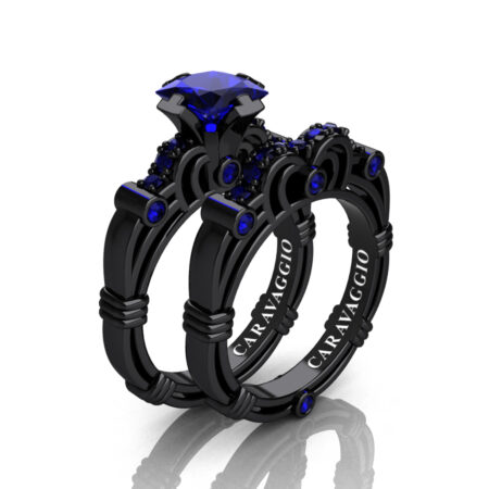 Art Masters Caravaggio 14K Black Gold 1.25 Ct Princess Blue Sapphire Engagement Ring Wedding Band Set R623PS-14KBGBS