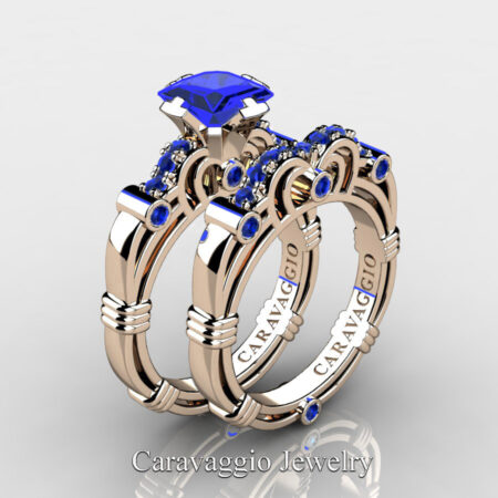 Art Masters Caravaggio 14K Rose Gold 1.25 Ct Princess Blue Sapphire Engagement Ring Wedding Band Set R623PS-14KRGBS