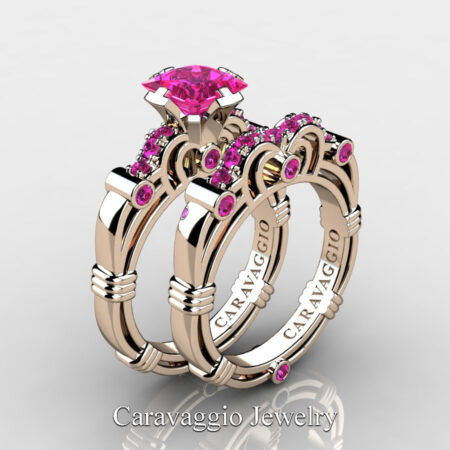 Art Masters Caravaggio 14K Rose Gold 1.25 Ct Princess Pink Sapphire Engagement Ring Wedding Band Set R623PS-14KRGPS