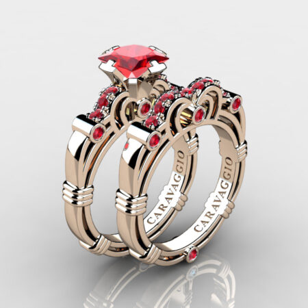 Art Masters Caravaggio 14K Rose Gold 1.25 Ct Princess Ruby Engagement Ring Wedding Band Set R623PS-14KRGR