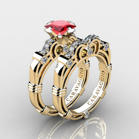Art Masters Caravaggio 14K Yellow Gold 1.25 Ct Princess Ruby Diamond Engagement Ring Wedding Band Set R623PS-14KYGDR