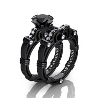 Art Masters Caravaggio 14K Black Gold 1.25 Ct Princess Black Sapphire Diamond Engagement Ring Wedding Band Set R623PS-14KBGDBLS