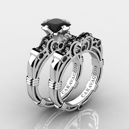 Art Masters Caravaggio 14K White Gold 1.25 Ct Princess Black Sapphire Engagement Ring Wedding Band Set R623PS-14KWGBLS