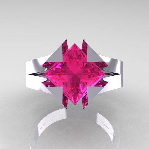Neomodern 14K White Gold 2.0 Ct Princess Pink Sapphire Engagement Ring R489-14KWGPS