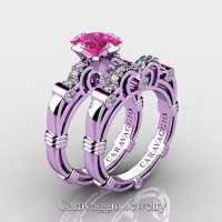 Art Masters Caravaggio 14K Lilac Gold 1.25 Ct Princess Pink Sapphire Diamond Engagement Ring Wedding Band Set R623PS-14KLGDPS
