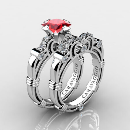 Art Masters Caravaggio 950 Platinum 1.25 Ct Princess Ruby Diamond Engagement Ring Wedding Band Set R623PS-PLATDR
