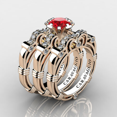 Art Masters Caravaggio Trio 14K Rose Gold 1.0 Ct Ruby Diamond Engagement Ring Wedding Band Set R623S3-14KRGDR