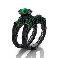 Art Masters Caravaggio 14K Black Gold 1.0 Ct Emerald Engagement Ring Wedding Band Set R623S-14KBGEM