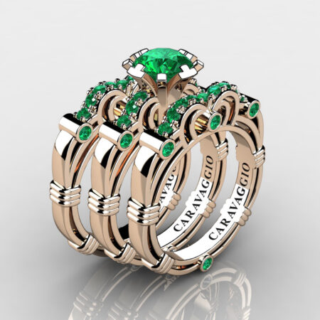 Art Masters Caravaggio Trio 14K Rose Gold 1.0 Ct Emerald Engagement Ring Wedding Band Set R623S3-14KRGEM