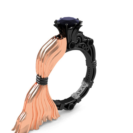 Caravaggio Luxury Italian 14K Rose and Black Gold 1.0 Ct Black Diamond Engagement Ring R643E-14KRBGBD