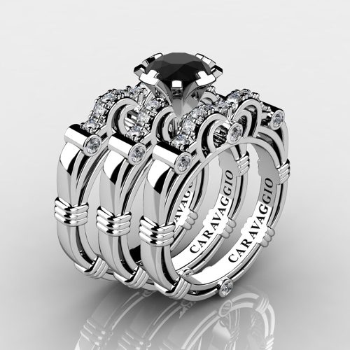 Art Masters Caravaggio Trio 950 Platinum 1.0 Ct Black and White Diamond Engagement Ring Wedding Band Set R623S3-PLATDBD